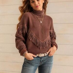 Sterling & Stitch Fringe Brown Turtleneck Sweater boho western country